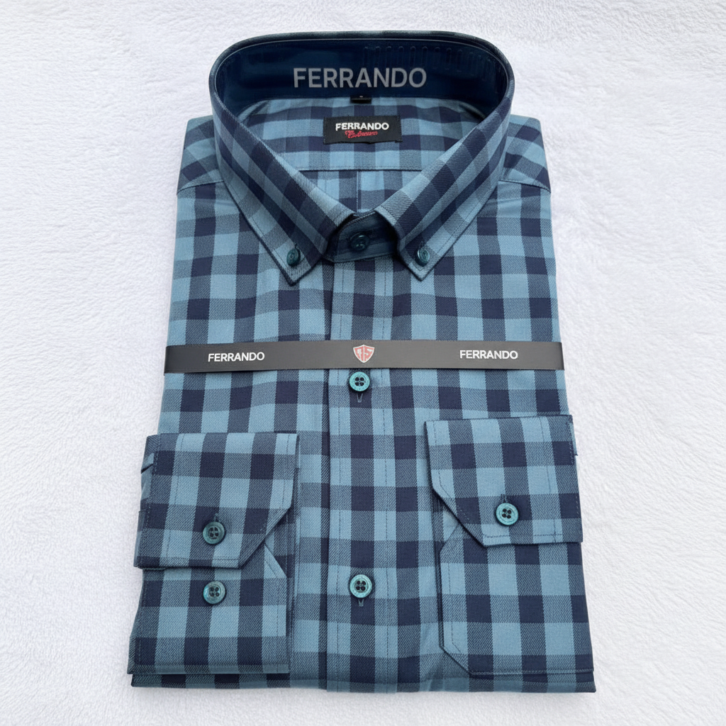 Ferrando Collection Steel Blue & Navy Check Long Sleeve Shirt