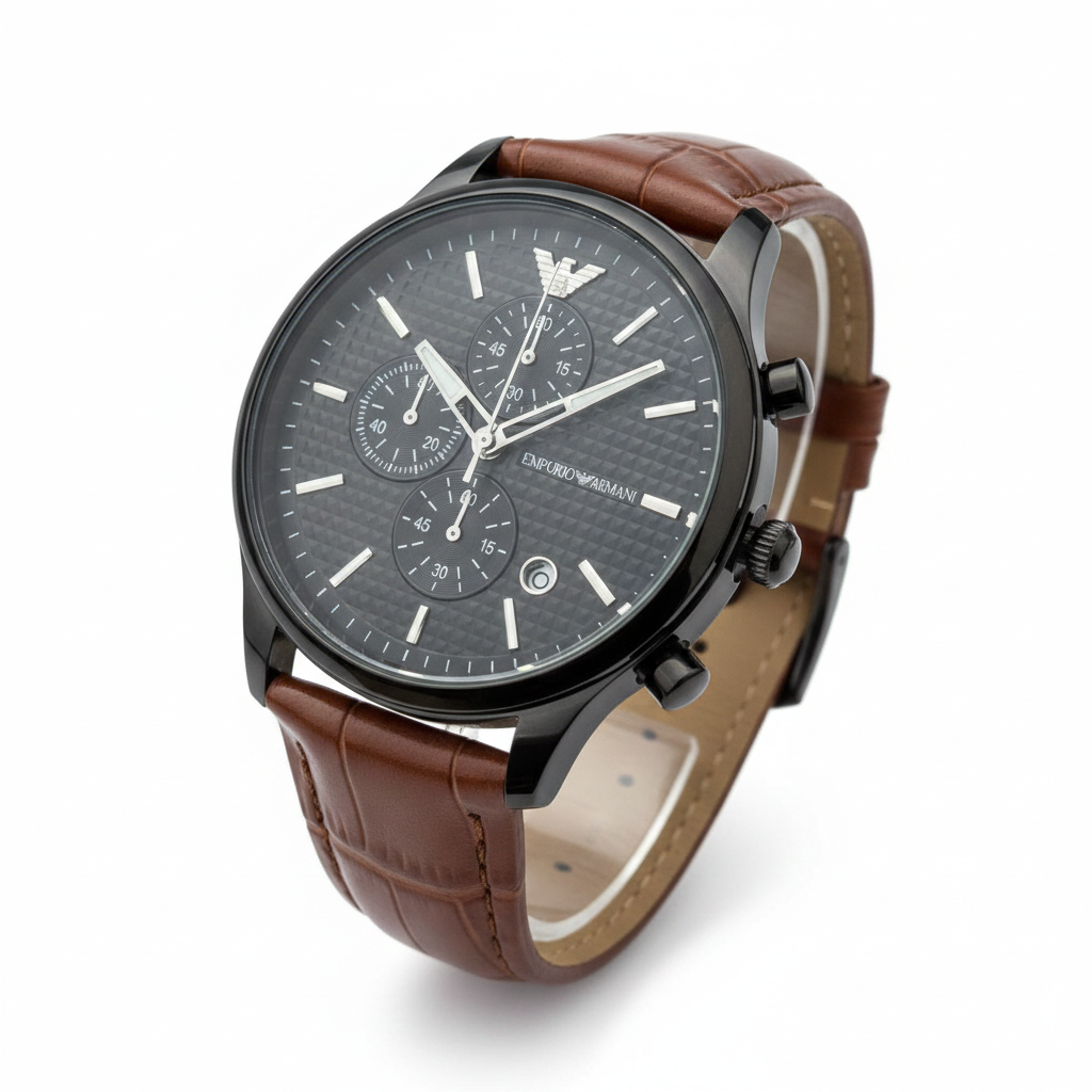 Emporio Armani Chronograph Black Case Brown Leather Watch