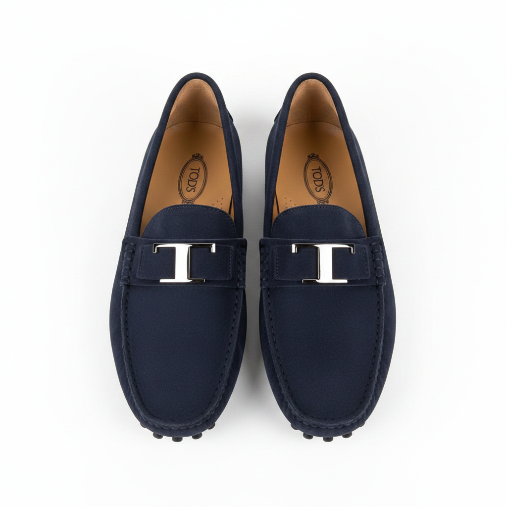 Tod's Navy Blue Suede T-Bar Buckle Loafers
