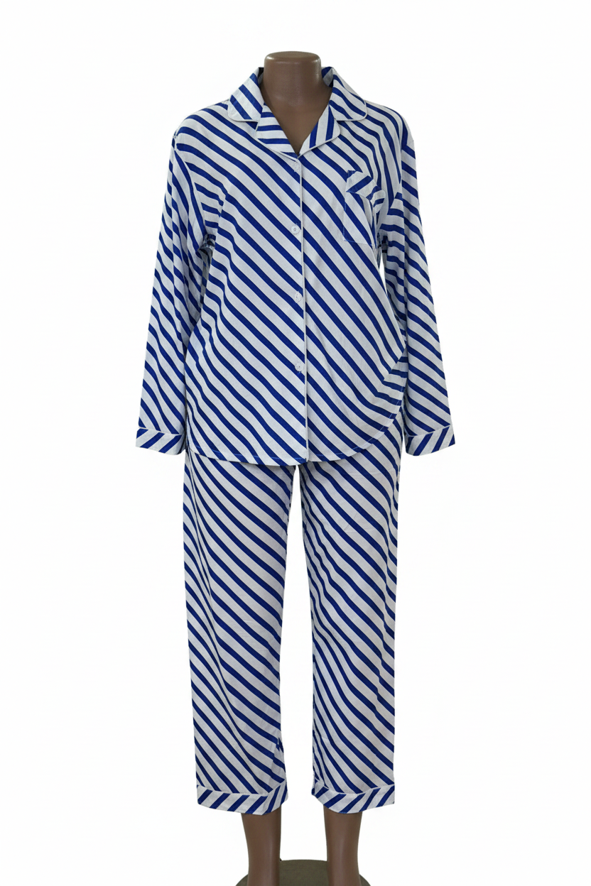 Ladies Striped Pajama Set – Blue & White