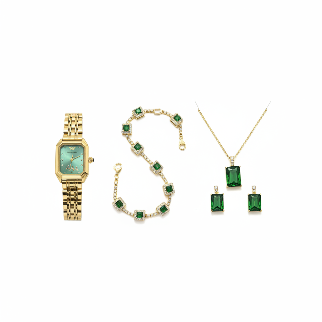Emerald Green & Gold Luxury Jewelry Watch Gift Set