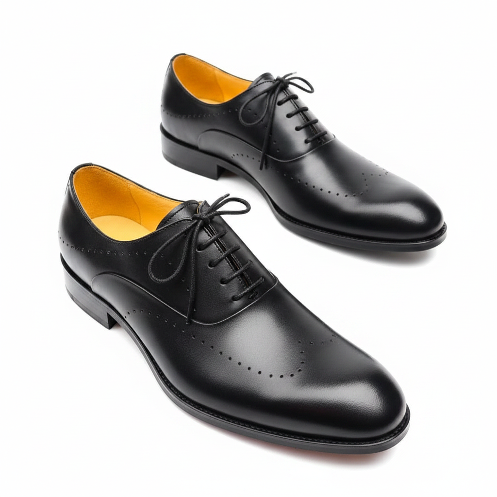 Black Perforated Oxford Dress Shoes with Yellow Lining