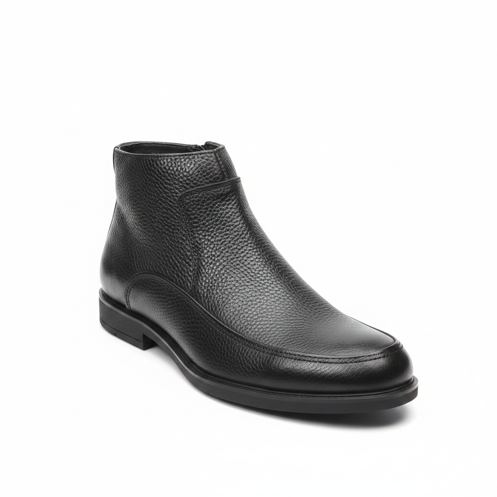 Black Pebbled Leather Zip Ankle Boot
