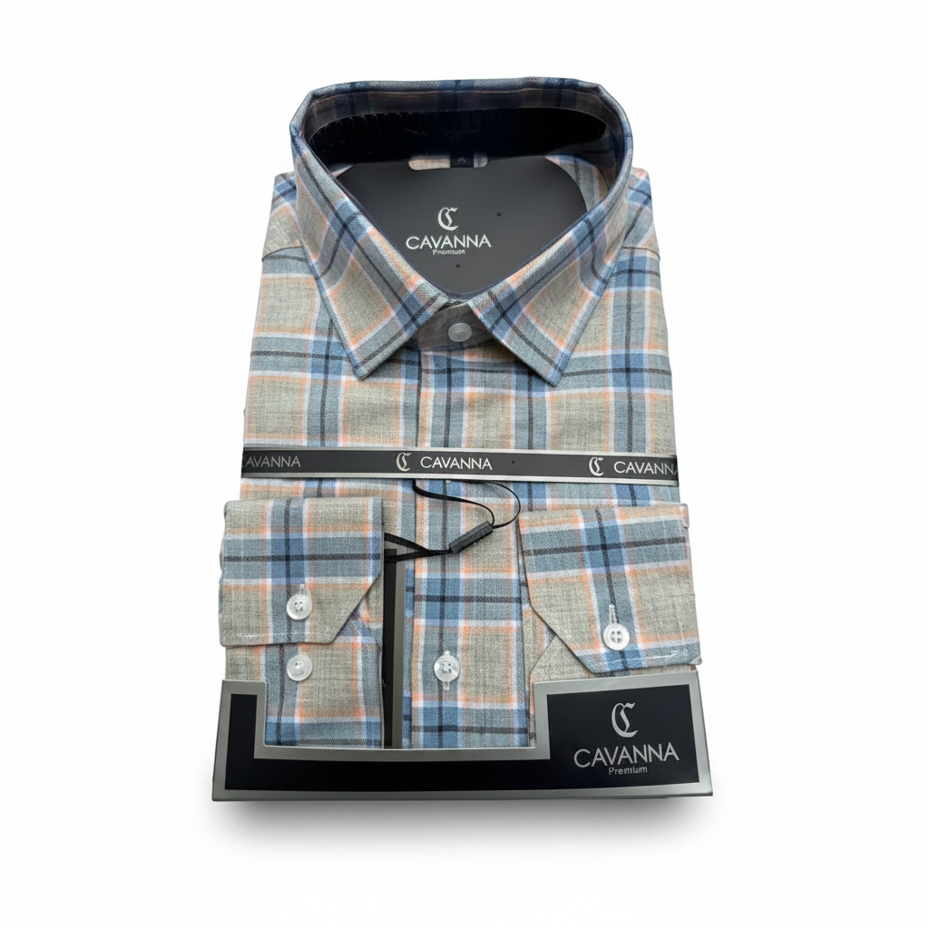 Cavanna Premium Beige & Blue Plaid Check Long Sleeve Shirt