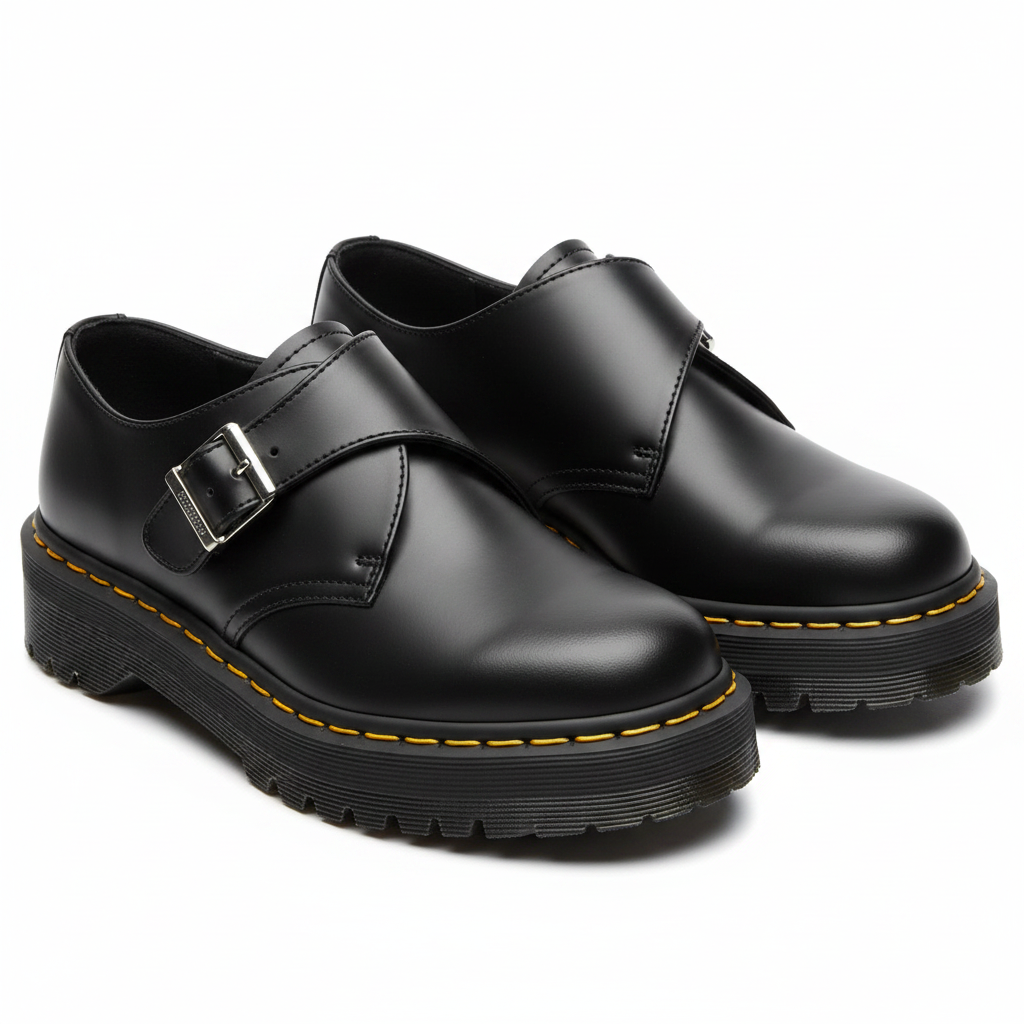 Black Leather Single Monk Strap Platform Oxford Shoes
