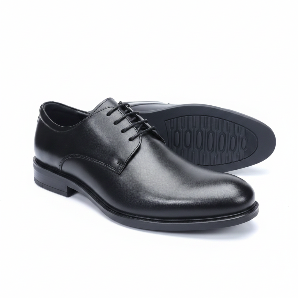 Men's Black Leather Plain Toe Derby Lace-Up Dress Shoe
