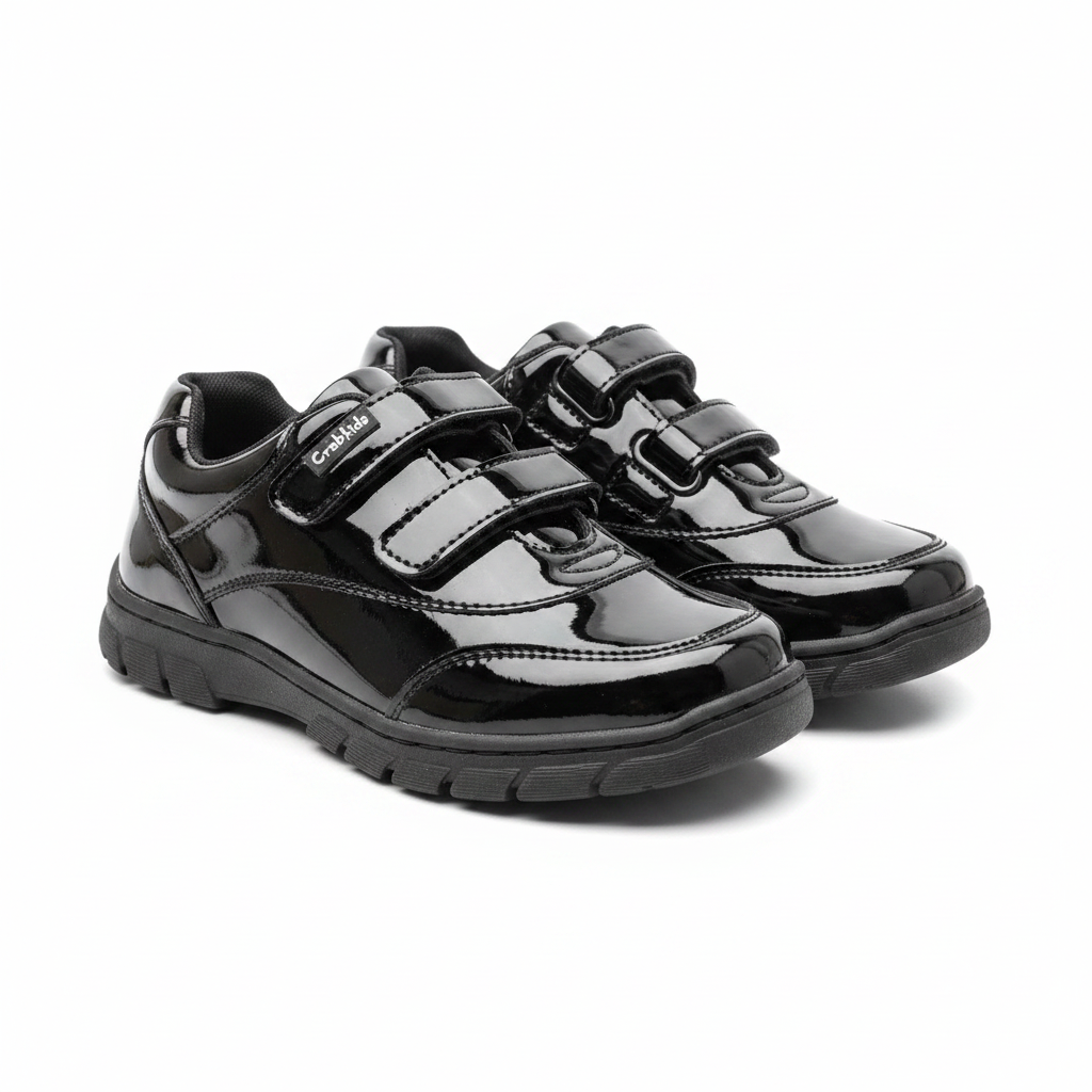 Crabkids Black Patent Double Velcro School Shoes