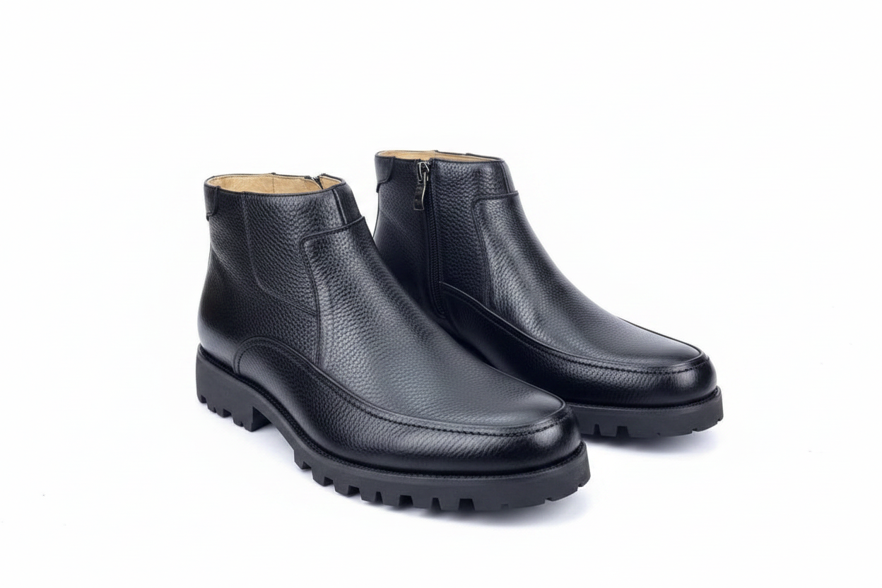 Black Pebbled Leather Zip Ankle Boots with Lug Sole
