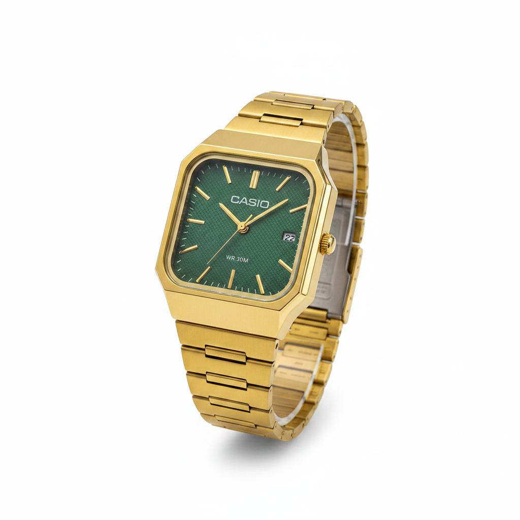 Casio Square Gold Green Dial Watch