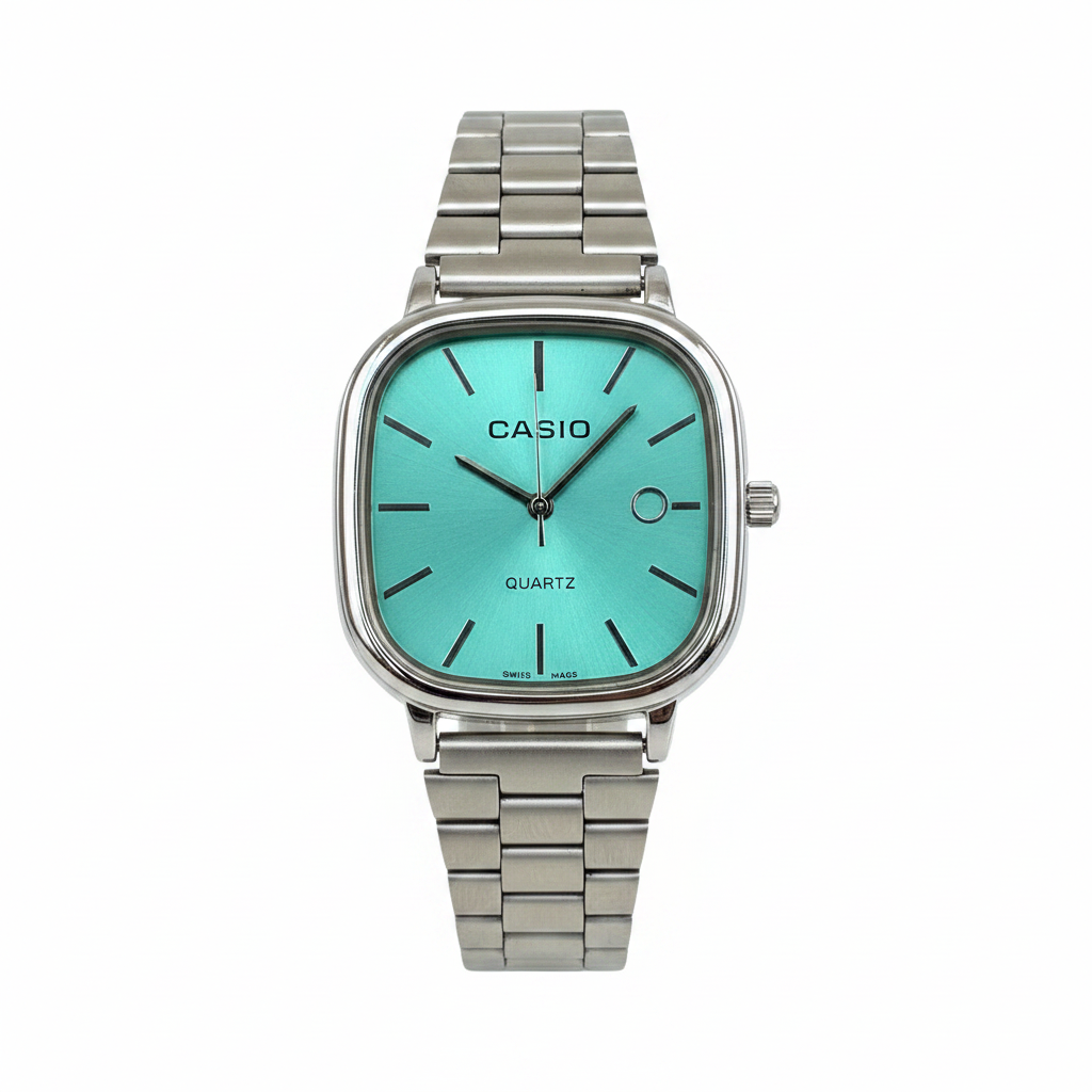 Casio Vintage Quartz Watch – Teal Dial & Silver Metallic Straps