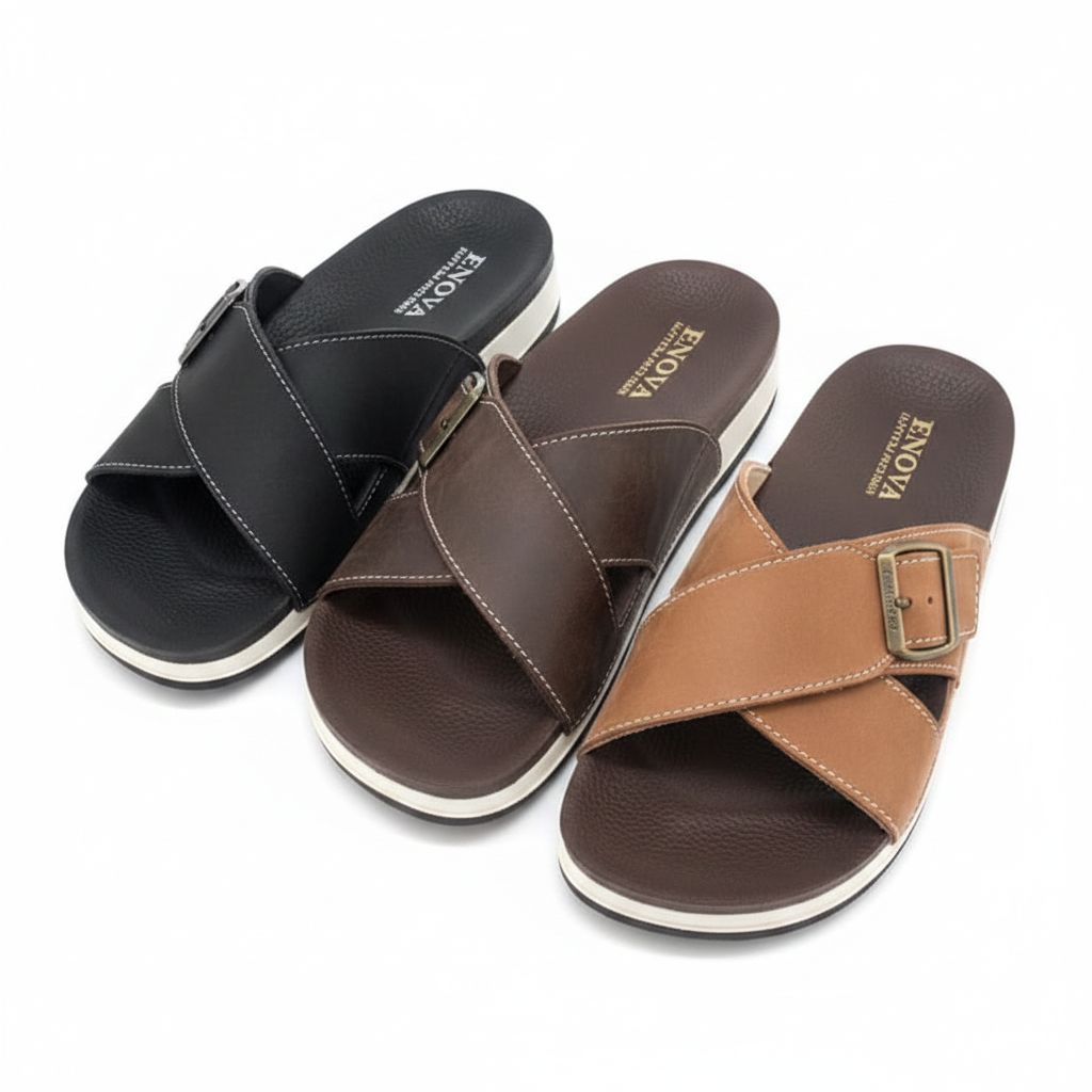 Enova Men's Cross-Strap Leather Slide Sandals