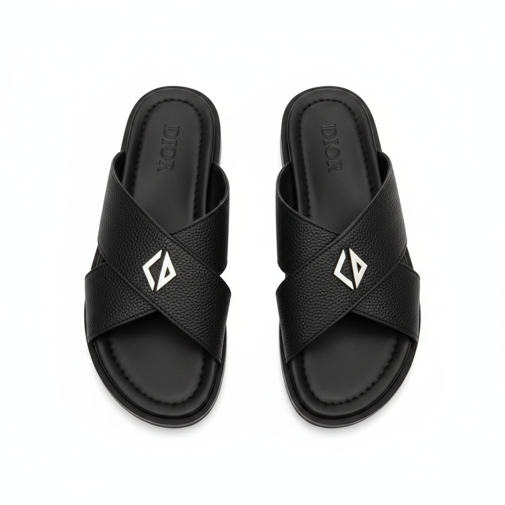 Dior Black Grained Leather Crossband Slide Sandals
