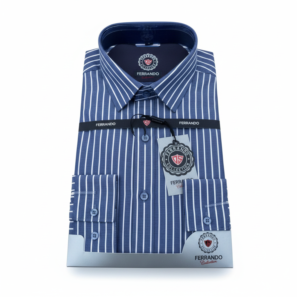 Ferrando Collection Navy Blue Striped Long Sleeve Dress Shirt