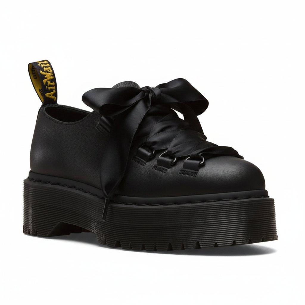 Black Leather Platform Oxford Shoes with Ribbon Bow Laces