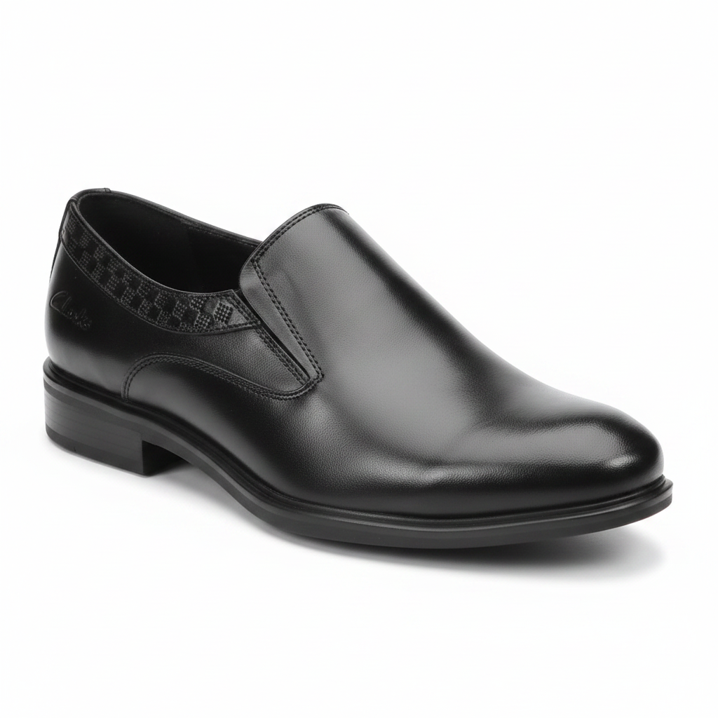 Men's Black Leather Slip-On Dress Shoe with Elastic Band Detail