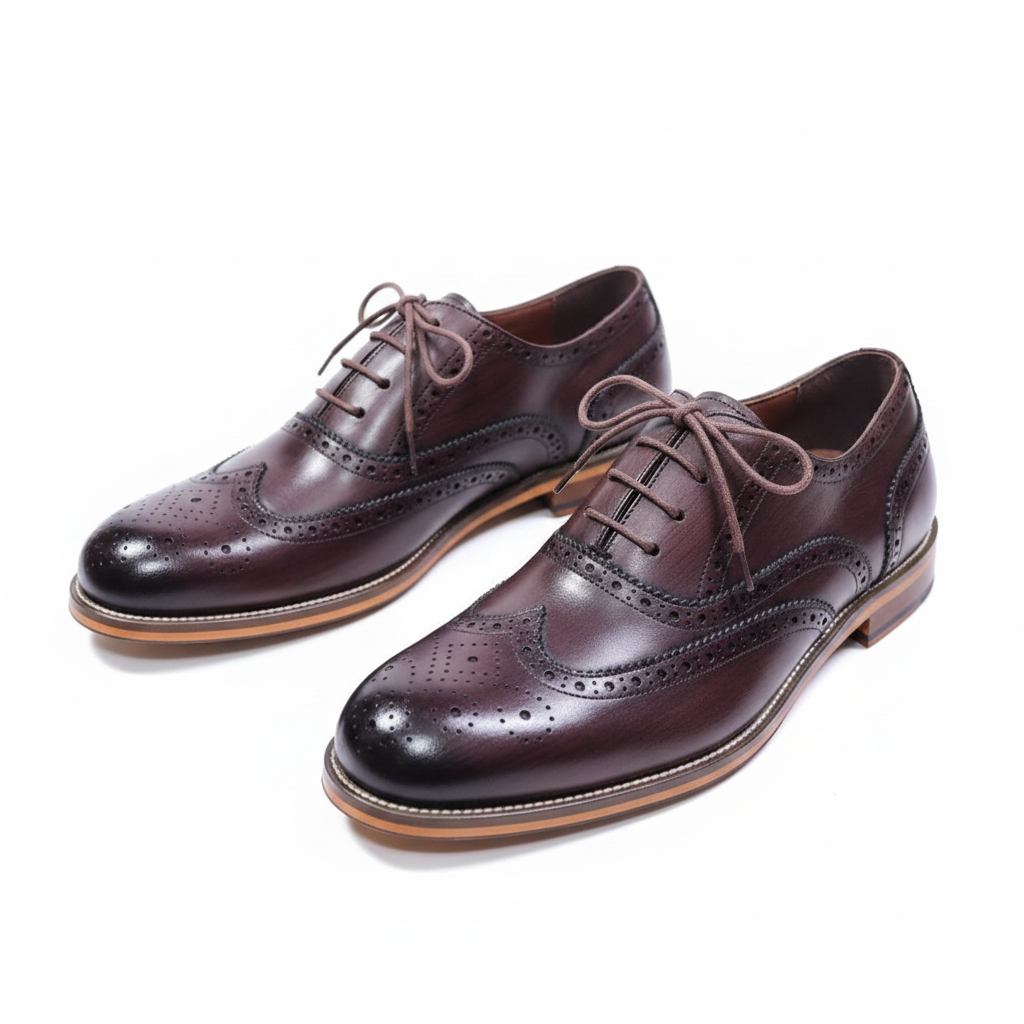 Burgundy Leather Full Brogue Wingtip Oxford Shoes