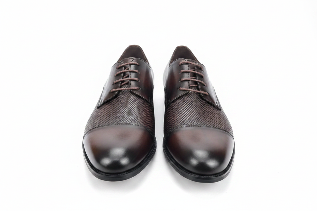 Dark Brown Leather Woven Texture Derby Dress Shoes