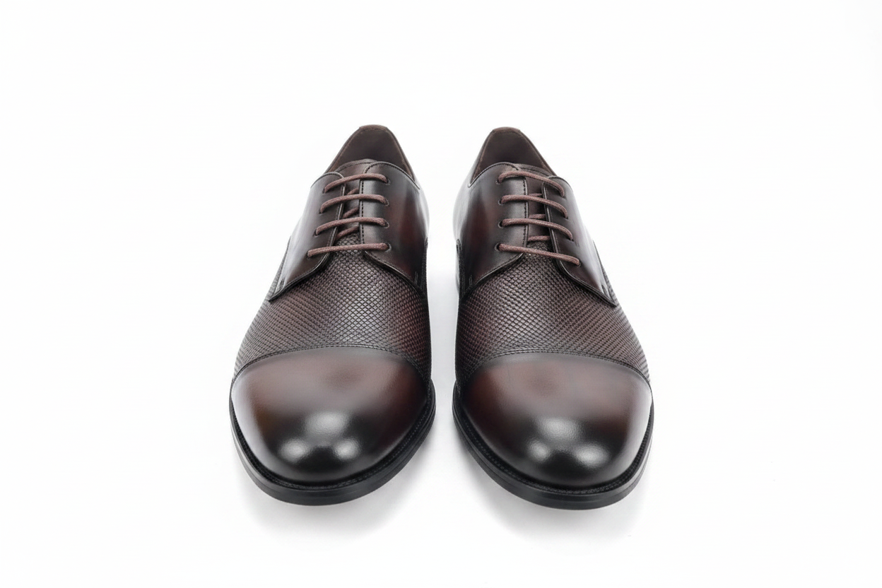 Dark Brown Leather Woven Texture Derby Dress Shoes