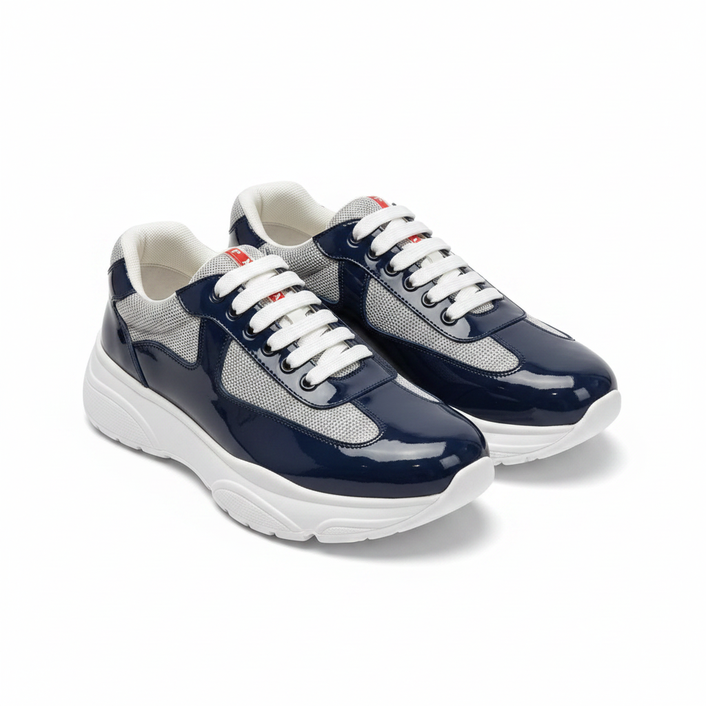 Navy Blue Patent Leather & Mesh Luxury Sneakers