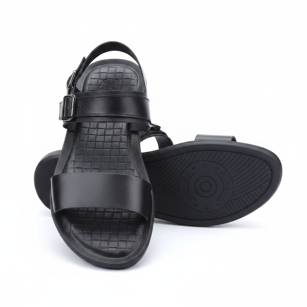 Men's Black Leather Open-Toe Buckle Sandals