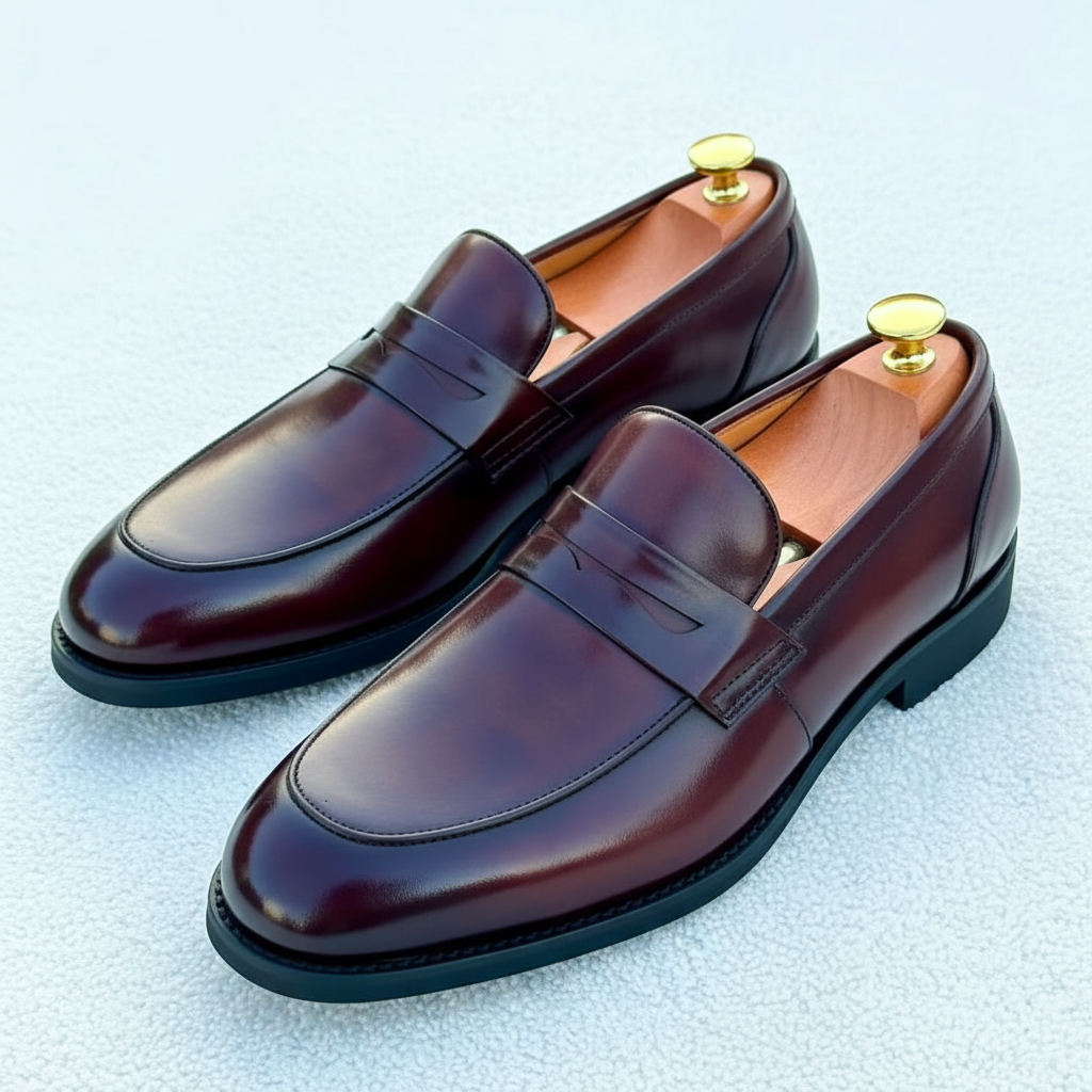 Burgundy Patina Burnished Leather Penny Loafer Dress Shoes
