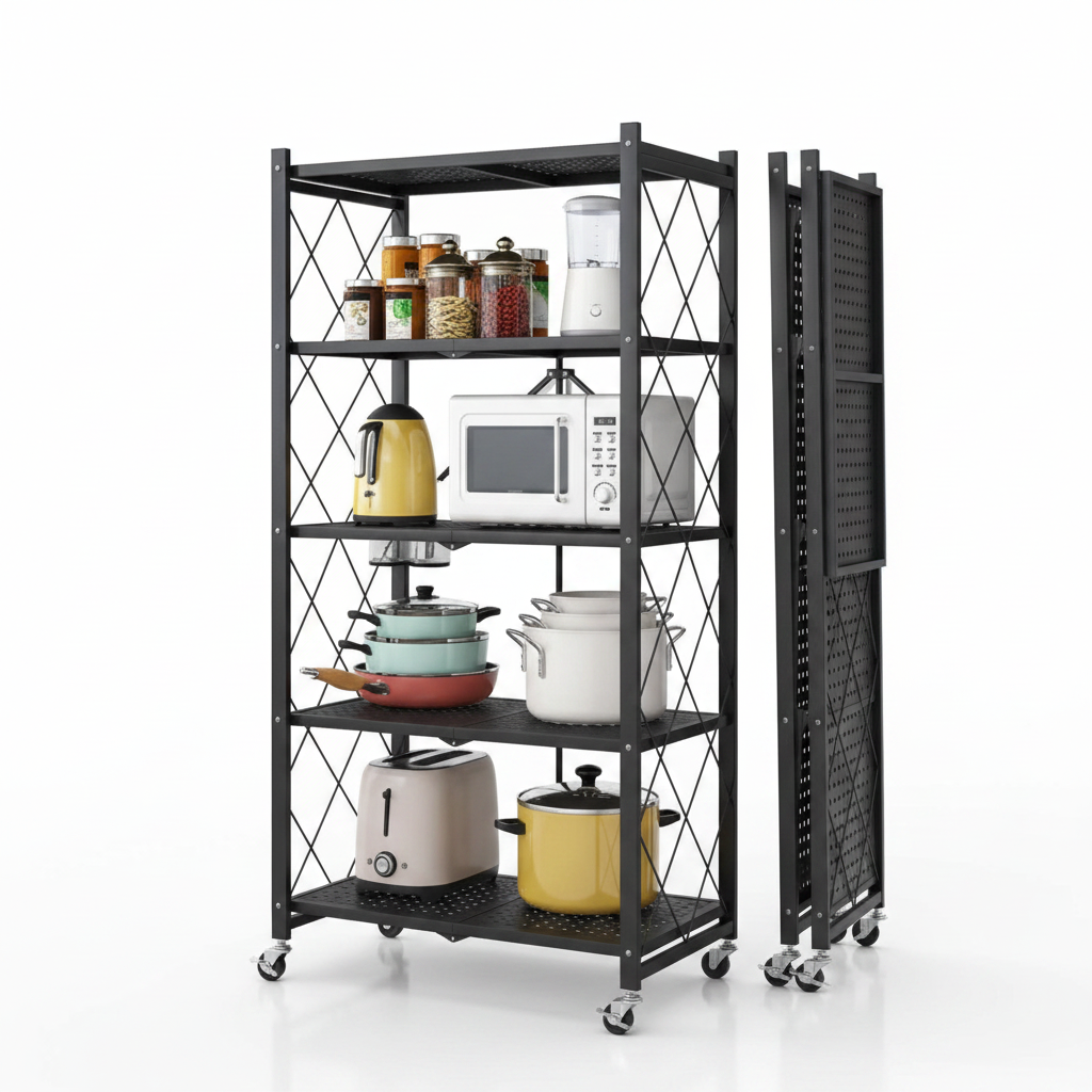 5-Tier Foldable Kitchen Storage Rack with Wheels