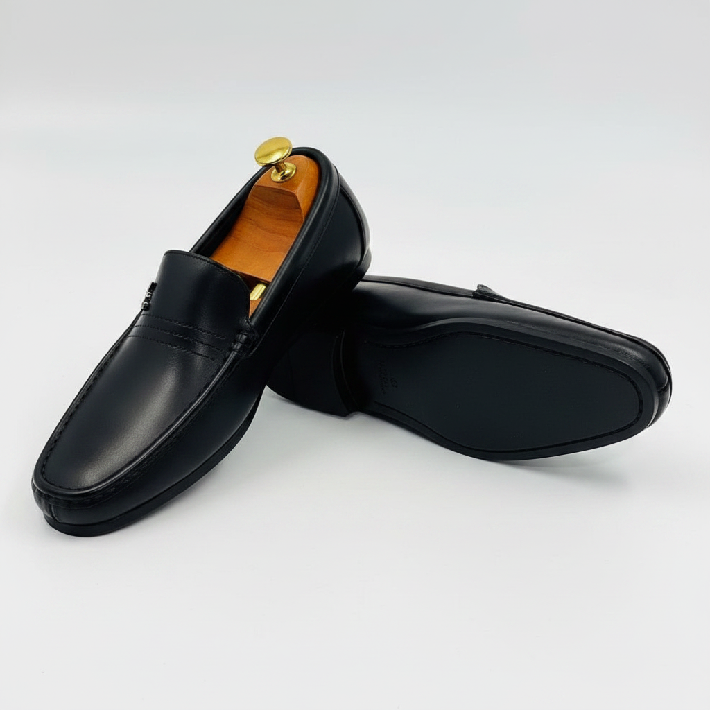 Black Leather Penny Loafer Dress Shoes with Metal Emblem