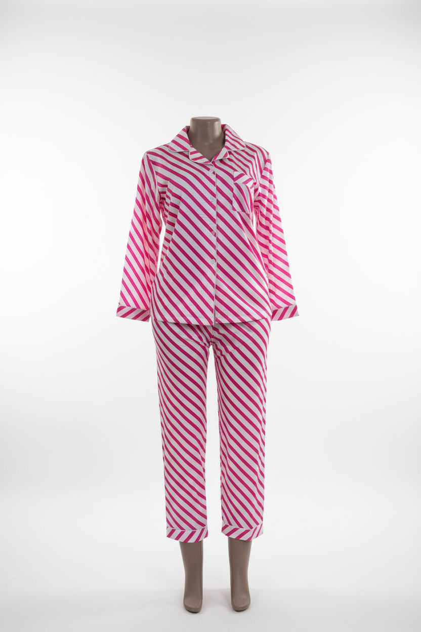 Ladies Striped Pajama Set – Pink & White