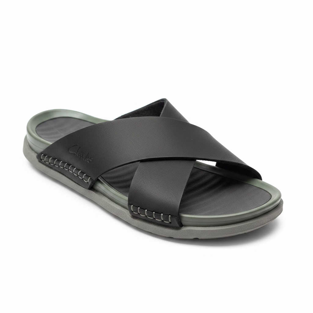 Clarks Cross-Strap Leather Slide Sandals