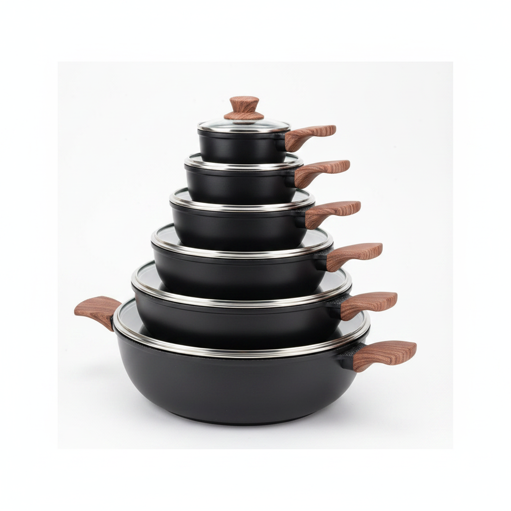 Premium Black Matte Non-Stick Cookware Set with Wood-Effect Handles