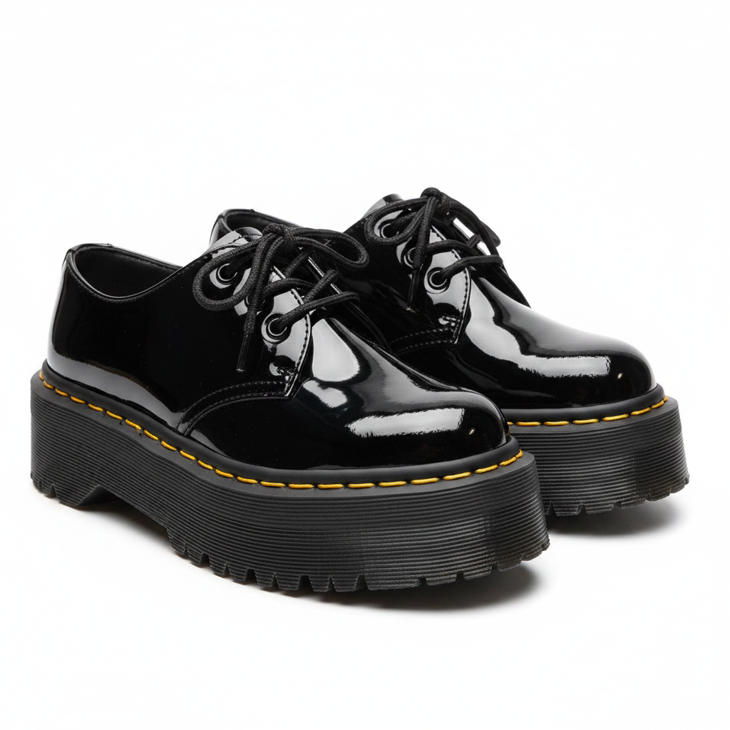 Black Patent Leather Platform 3-Eyelet Oxford Shoes with Yellow Welt