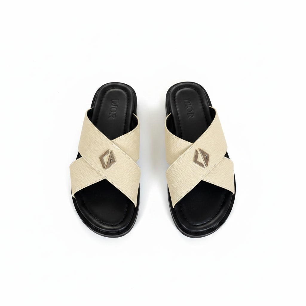 Dior Cream Leather Crossband Slide Sandals