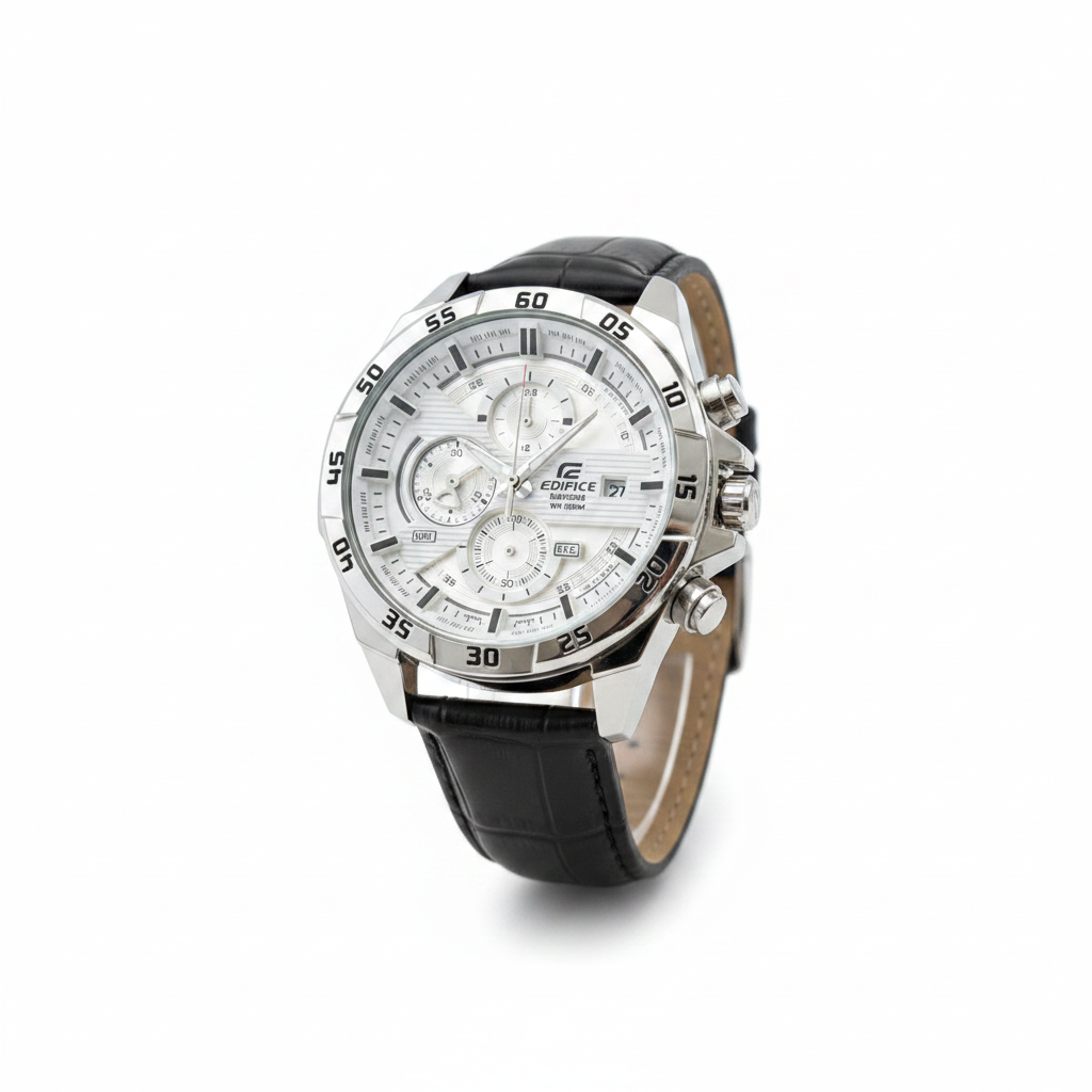 Casio Edifice Chronograph Watch – White Dial & Black Leather Strap