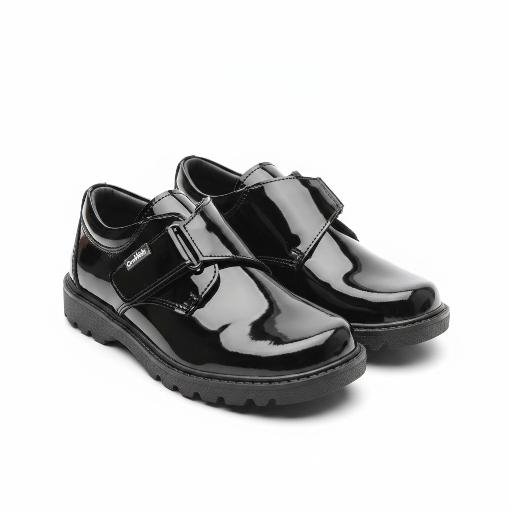 Crabkids Boys Black Patent Single Velcro School Shoes