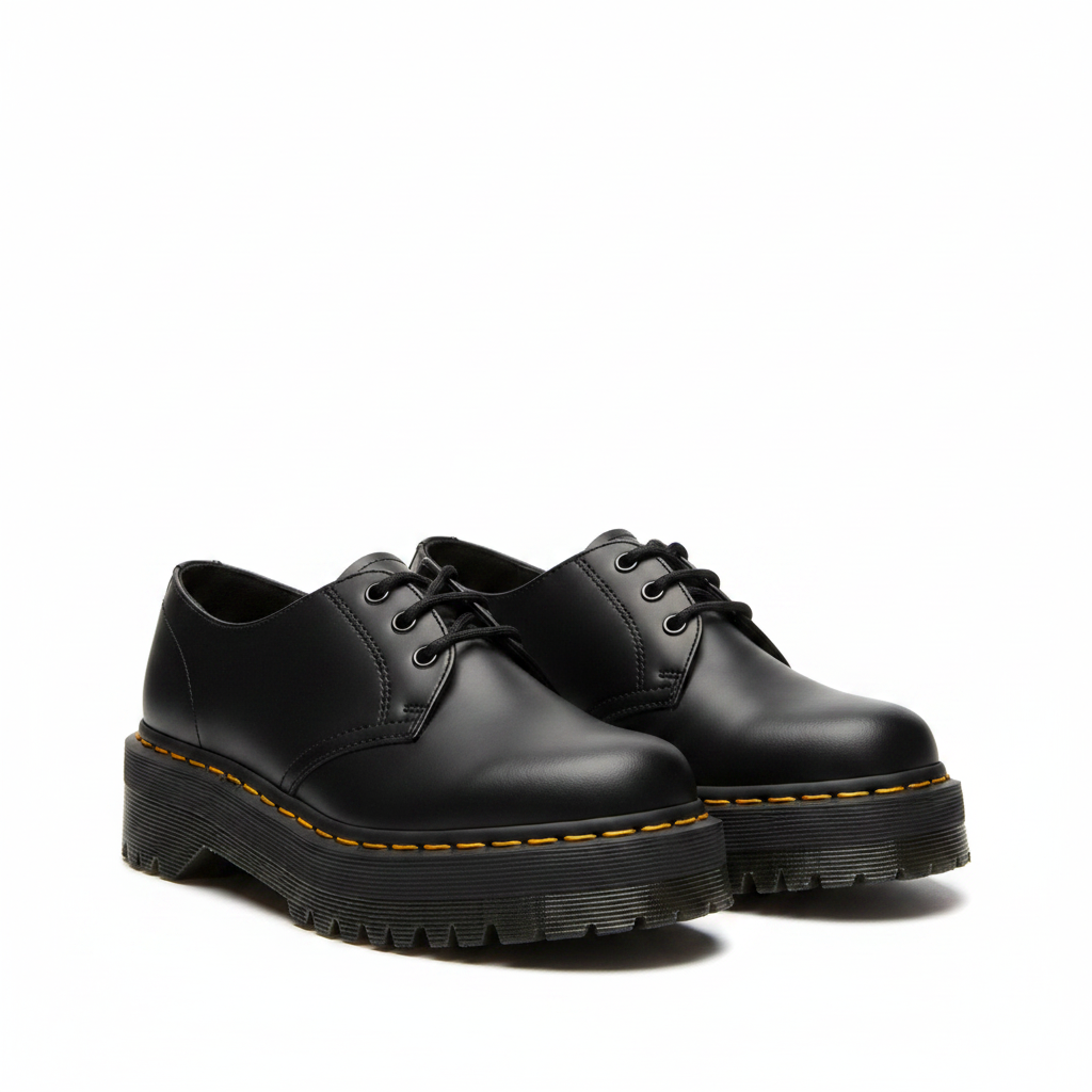 Black Leather Platform 3-Eyelet Oxford Shoes with Yellow Welt