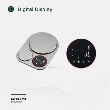 Green Lion digital kitchen scale with stainless steel platform and circular LED display