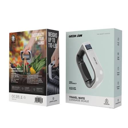 Green Lion Travel Mate Luggage Scale box packaging showing 110lb capacity and auto-off function