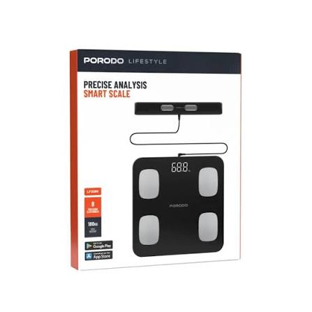 Porodo Lifestyle Precise Analysis Smart Scale box with black tempered glass platform and LED display