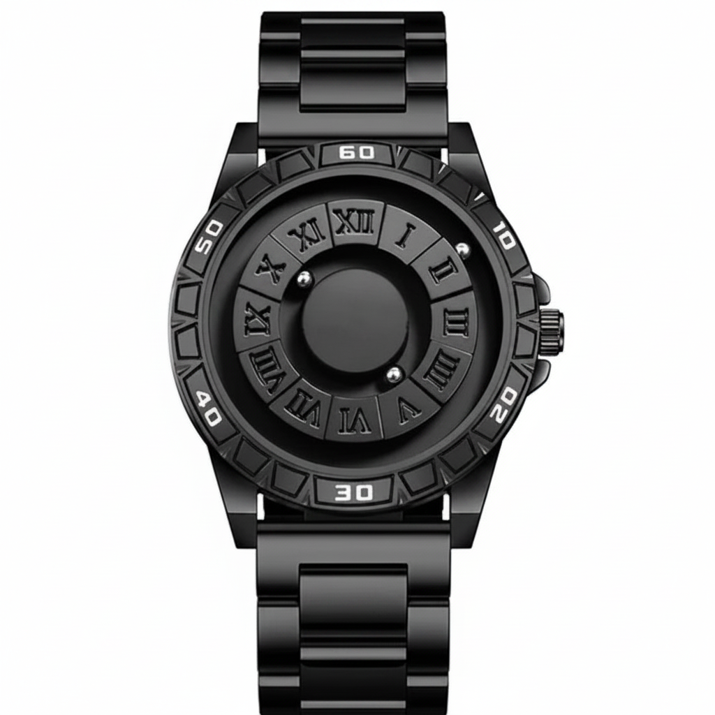Magnetic Ball Bearing Watch - All black stainless steel with Roman numeral rotating dial