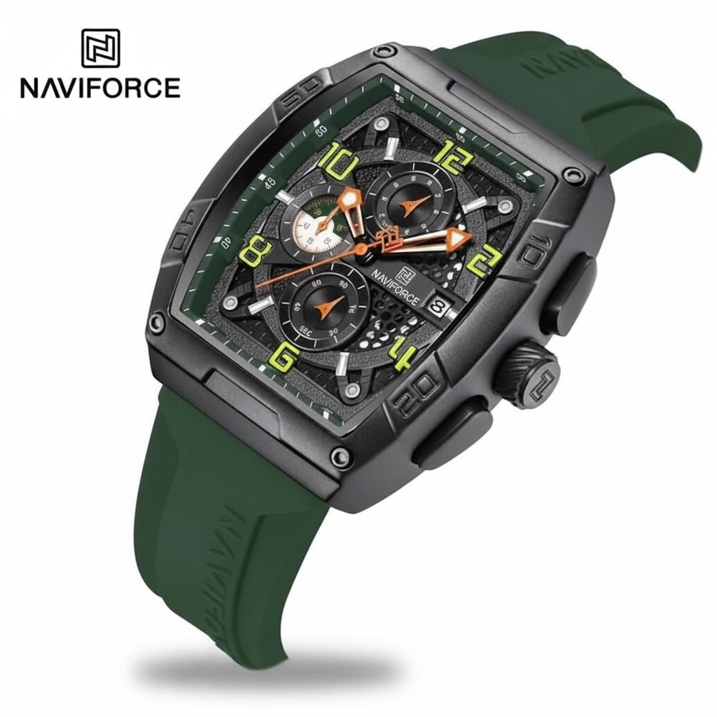 Naviforce Square Chronograph Watch - Black case with green silicone strap and yellow-green dial accents