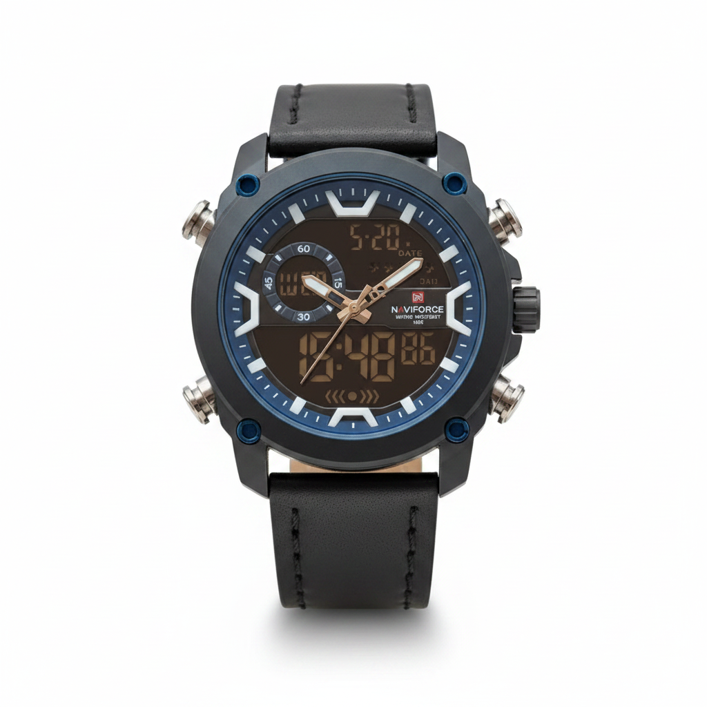 Naviforce Dual-Display Watch – Black Leather Strap