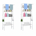3-Tier Over-Toilet Bathroom Storage Rack with Towel Bar - White metal frame with shelves and hooks