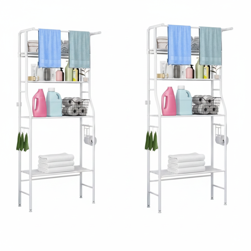 3-Tier Over-Toilet Bathroom Storage Rack with Towel Bar - White metal frame with shelves and hooks