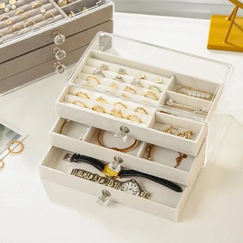 3-Layer Velvet Jewelry Organizer Box with Acrylic Lid