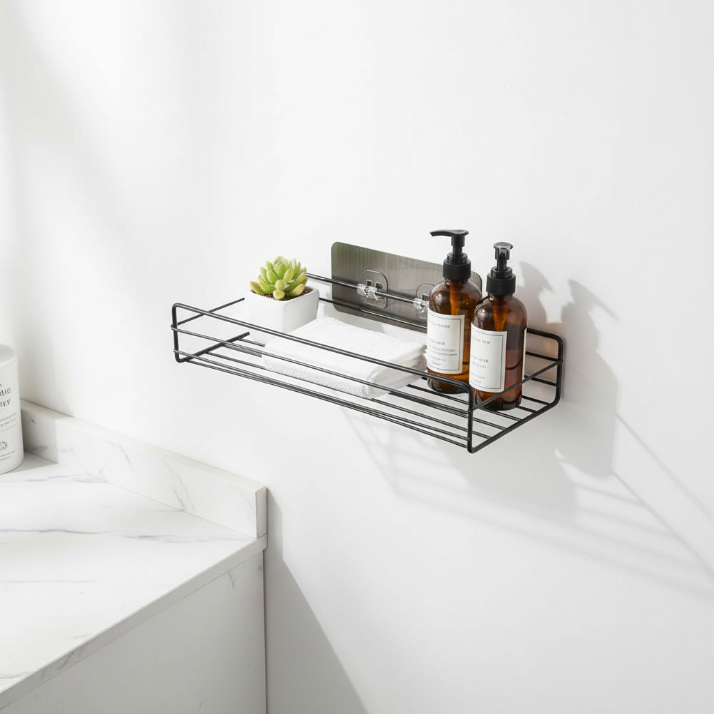 Rectangular Wire Shelf mounted on bathroom wall with toiletries