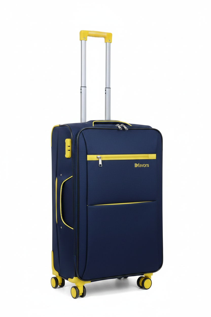 Single small Dfavors Navy Blue Soft-Shell Trolley Suitcase – Yellow Accents